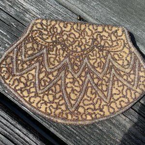 ANTIQUE Small Beaded Handbag Small & Mirror Belgium 1940s (?) Tan & Brown UNUSED